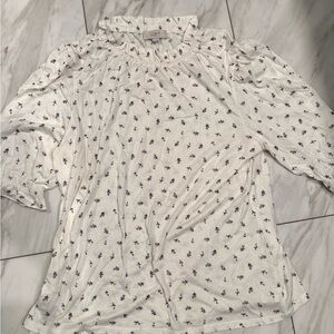 LOFT White Smocked Ruffled Blouse with 3/4 Sleeves